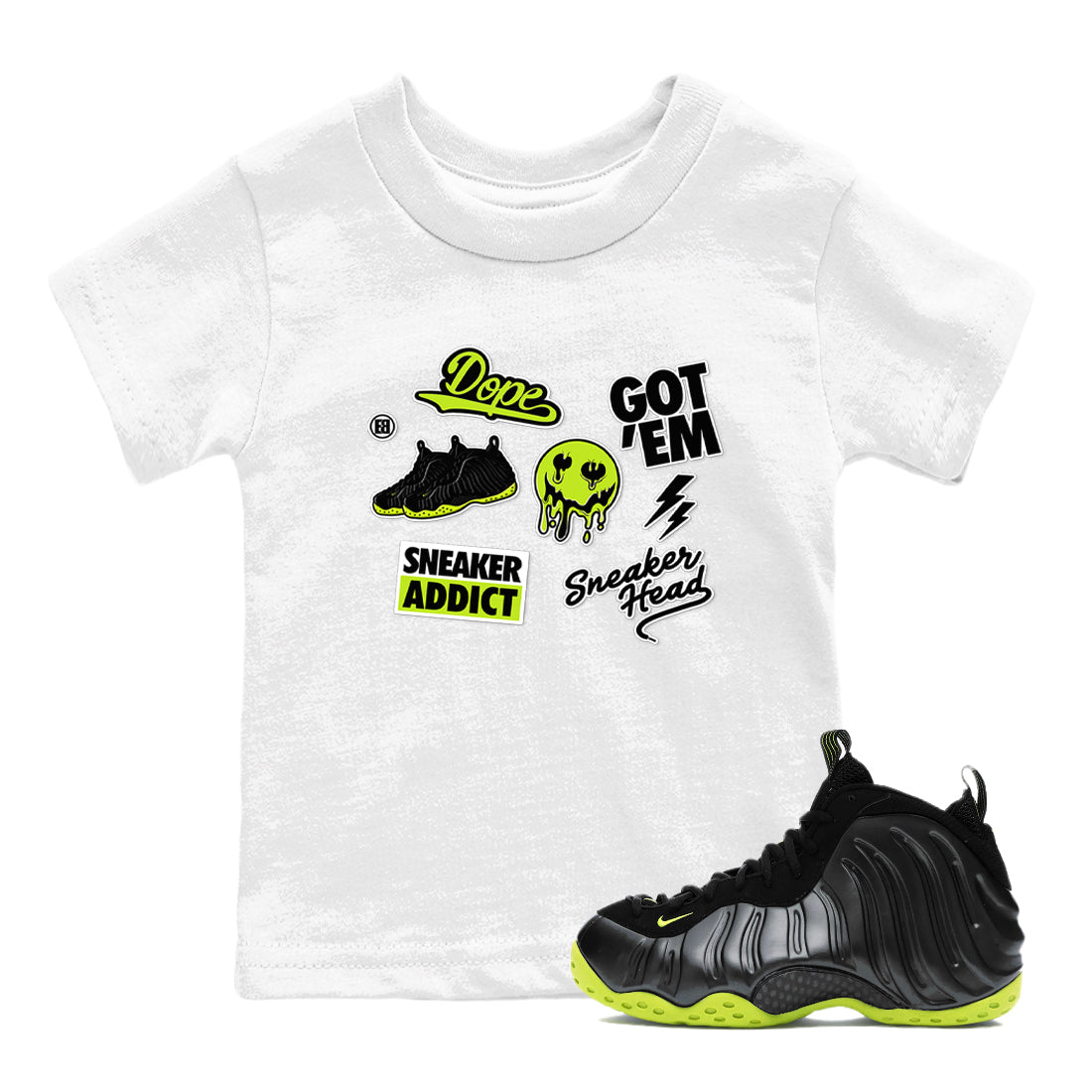 Foams One Black Volt shirts to match jordans Sneakerhead Sticker sneaker match tees Air Foamposite One Black and Volt match shoes to clothes SNRT Sneaker Tees Youth Baby White 1 tee