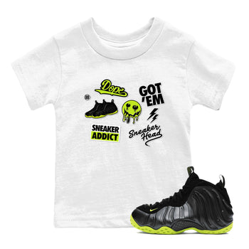 Foams One Black Volt shirts to match jordans Sneakerhead Sticker sneaker match tees Air Foamposite One Black and Volt match shoes to clothes SNRT Sneaker Tees Youth Baby White 1 tee