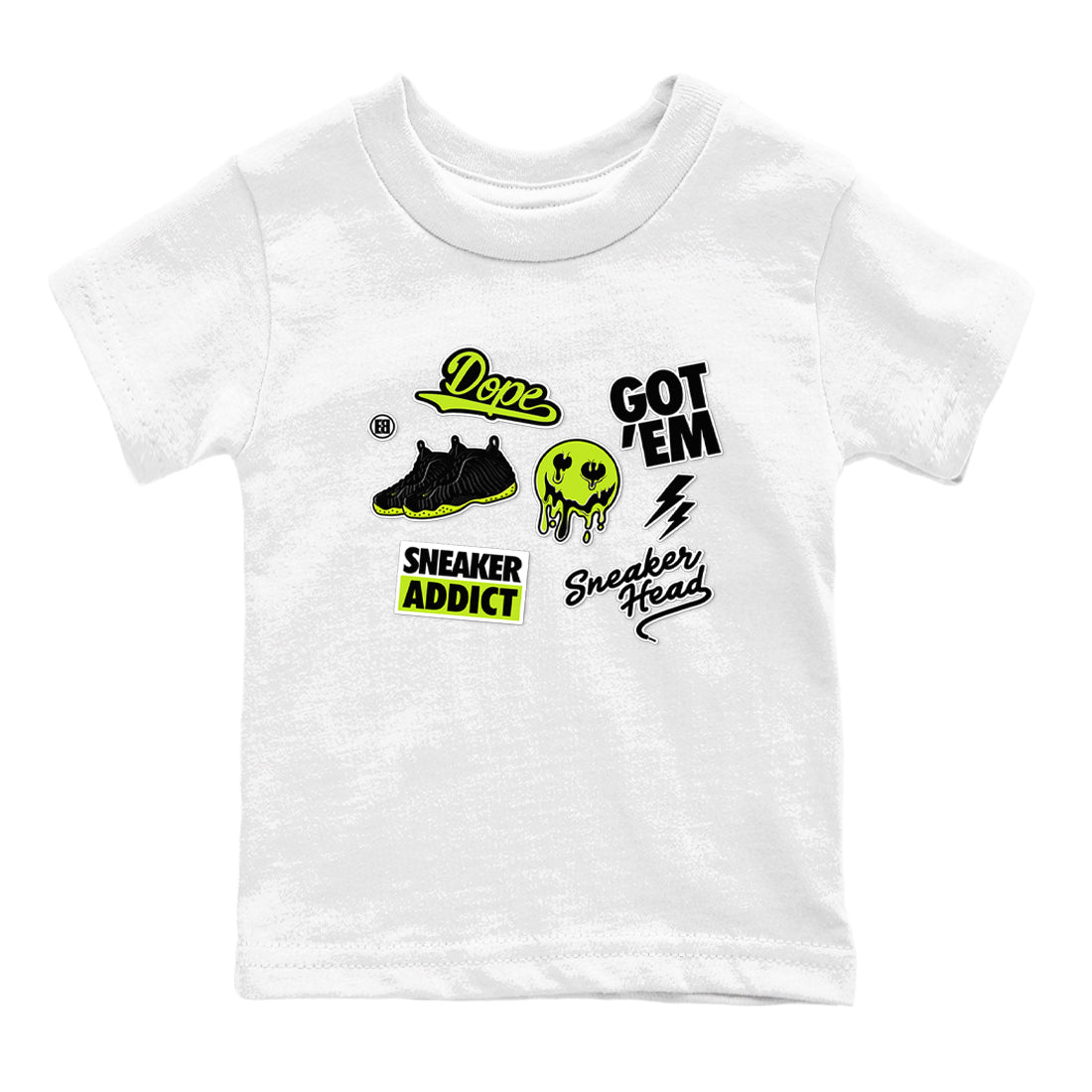 Foams One Black Volt shirts to match jordans Sneakerhead Sticker sneaker match tees Air Foamposite One Black and Volt match shoes to clothes SNRT Sneaker Tees Youth Baby White 2 tee
