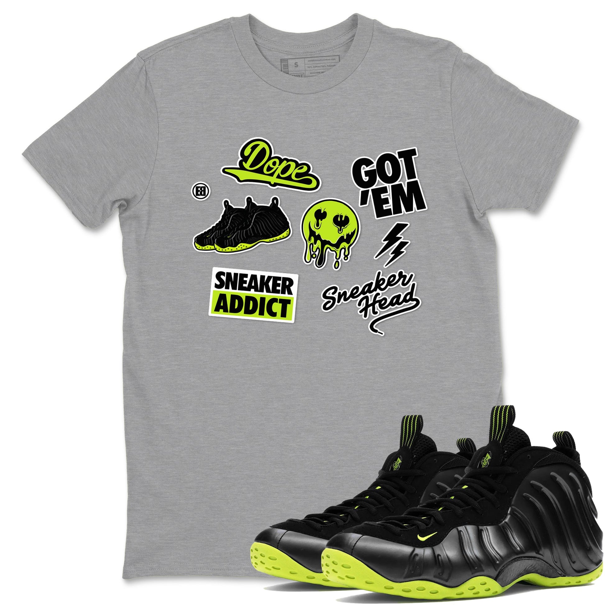 Foams One Black Volt shirts to match jordans Sneakerhead Sticker sneaker match tees Air Foamposite One Black and Volt match shoes to clothes SNRT Sneaker Tees unisex cotton Heather Grey 1 shirts