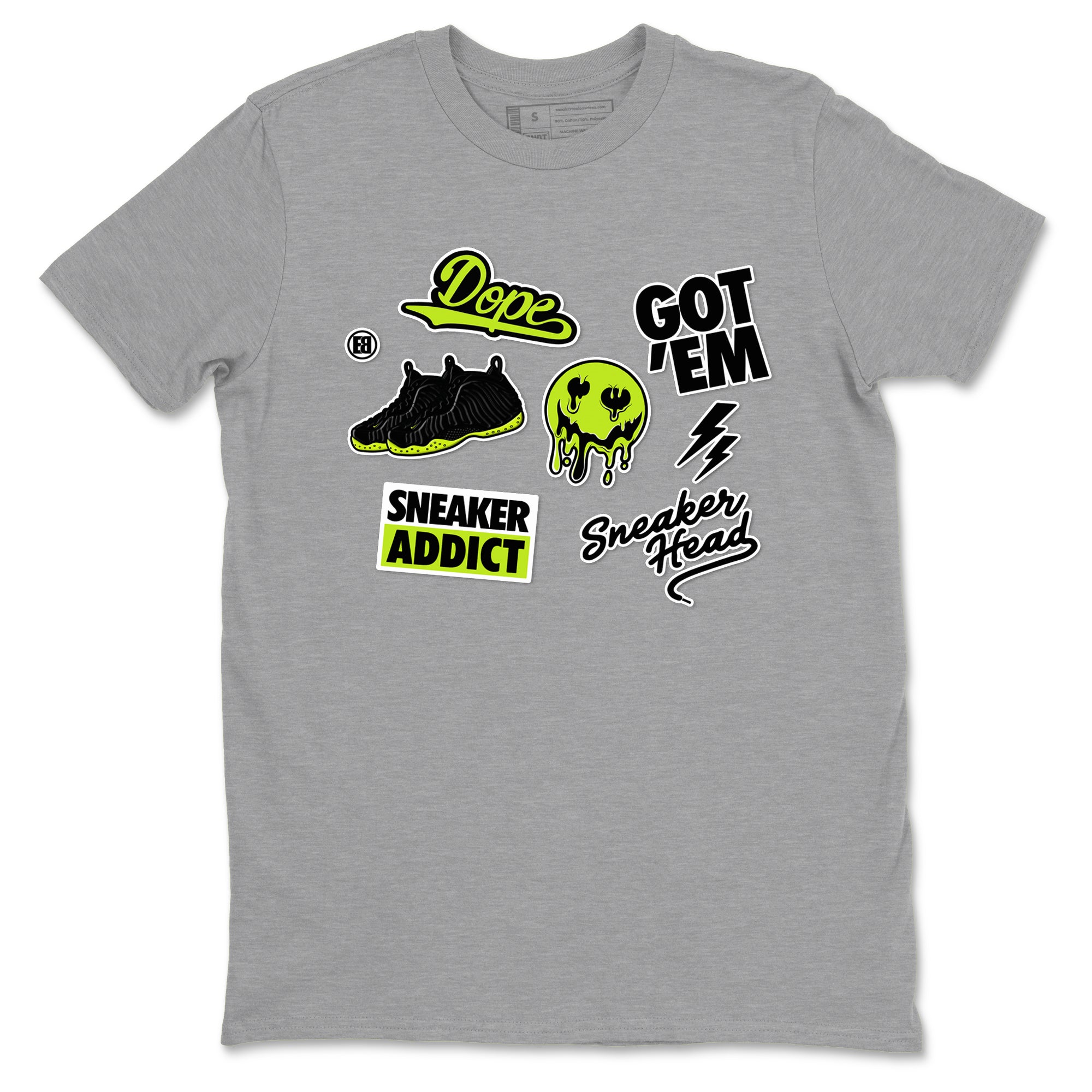 Foams One Black Volt shirts to match jordans Sneakerhead Sticker sneaker match tees Air Foamposite One Black and Volt match shoes to clothes SNRT Sneaker Tees unisex cotton Heather Grey 2 shirts