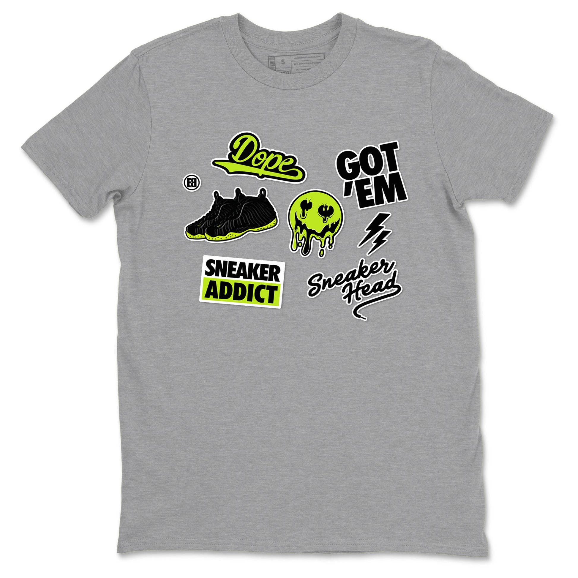 Foams One Black Volt shirts to match jordans Sneakerhead Sticker sneaker match tees Air Foamposite One Black and Volt match shoes to clothes SNRT Sneaker Tees unisex cotton Heather Grey 2 shirts
