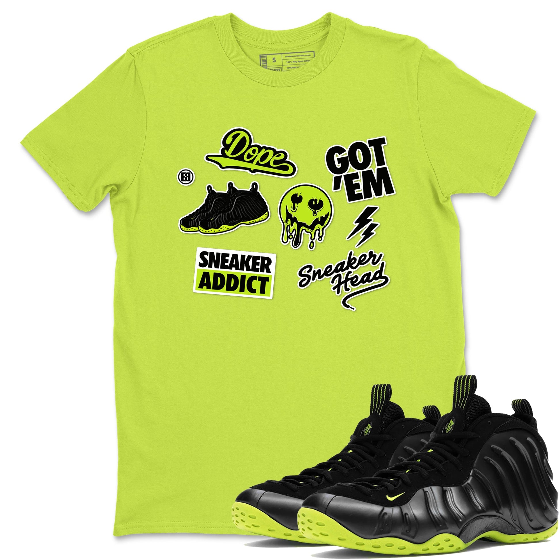 Foams One Black Volt shirts to match jordans Sneakerhead Sticker sneaker match tees Air Foamposite One Black and Volt match shoes to clothes SNRT Sneaker Tees unisex cotton Safety Green 1 shirts
