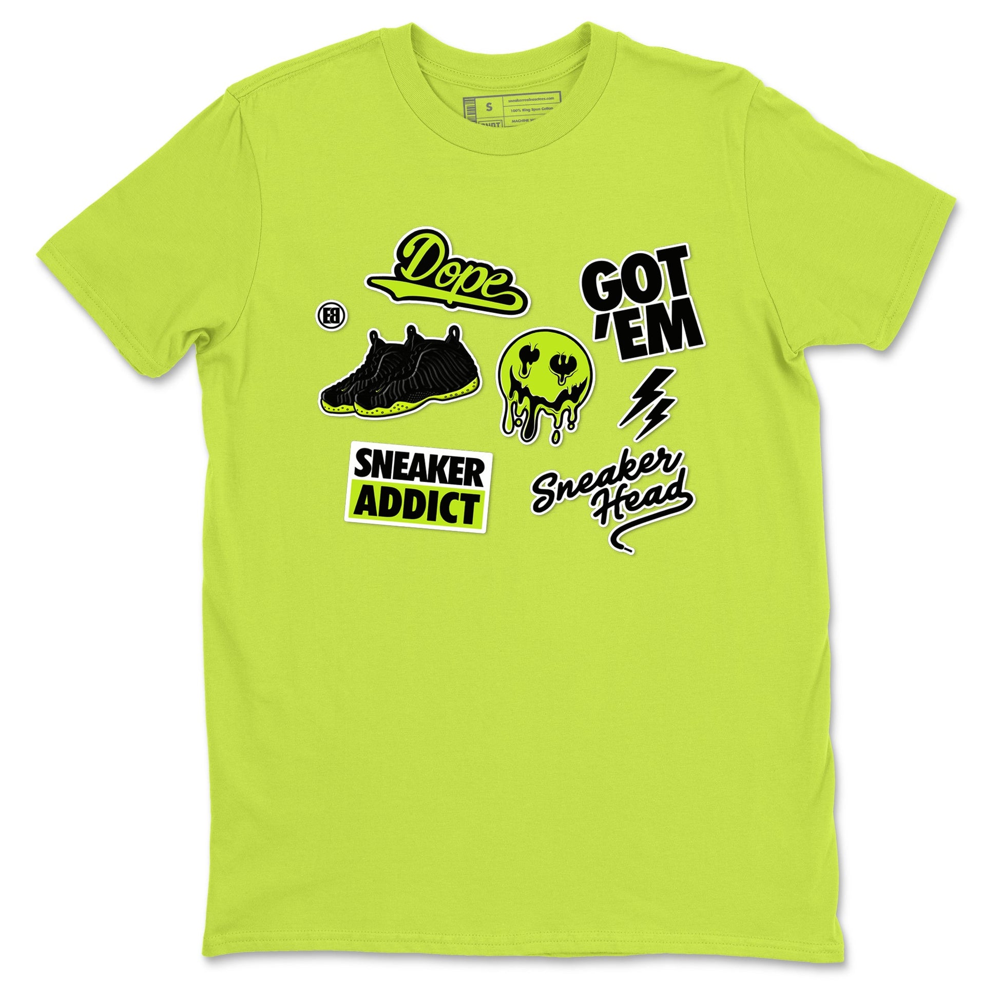 Foams One Black Volt shirts to match jordans Sneakerhead Sticker sneaker match tees Air Foamposite One Black and Volt match shoes to clothes SNRT Sneaker Tees unisex cotton Safety Green 2 shirts