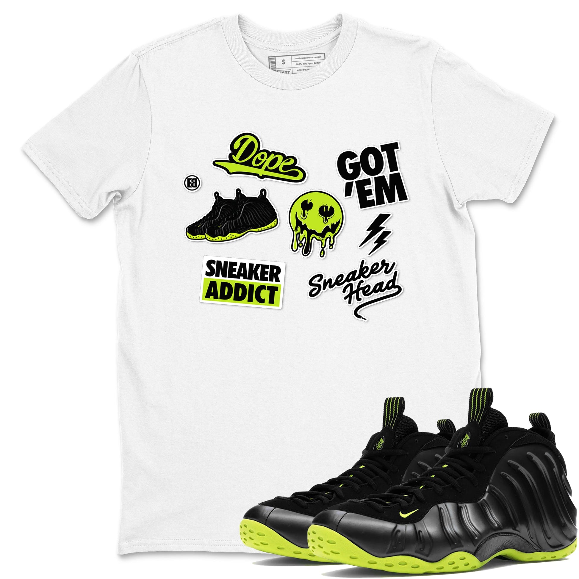 Foams One Black Volt shirts to match jordans Sneakerhead Sticker sneaker match tees Air Foamposite One Black and Volt match shoes to clothes SNRT Sneaker Tees unisex cotton White 1 shirts