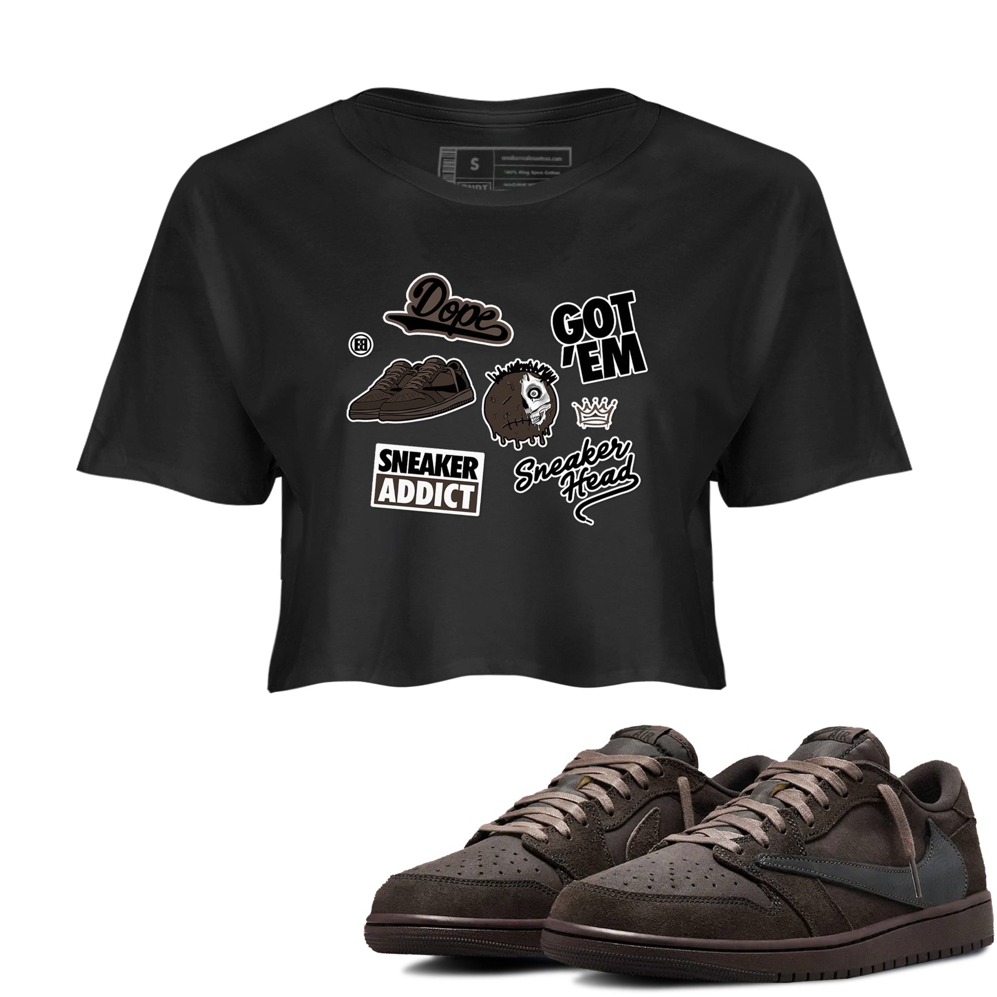 1s Travis Scott Velvet Brown shirts to match jordans Sneakerhead Sticker best t shirts to wear with jordans Travis Scott x Air Jordan 1 Low OG Velvet Brown match shoes to clothes SNRT Sneaker Tees unisex cotton Black 1 crop tee
