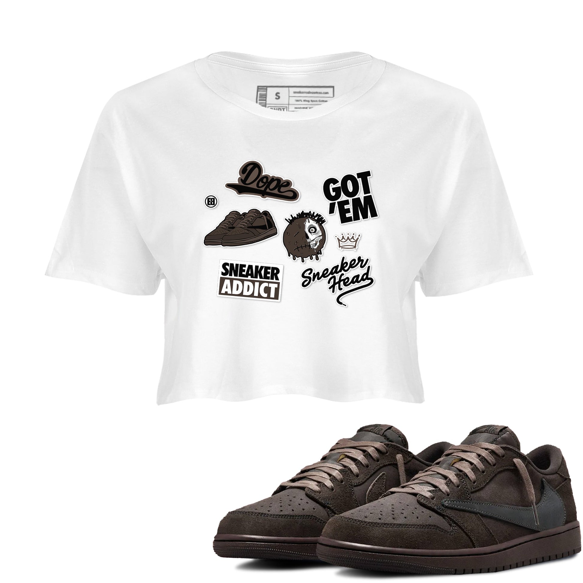 1s Travis Scott Velvet Brown shirts to match jordans Sneakerhead Sticker best t shirts to wear with jordans Travis Scott x Air Jordan 1 Low OG Velvet Brown match shoes to clothes SNRT Sneaker Tees unisex cotton White 1 crop tee
