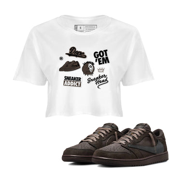 1s Travis Scott Velvet Brown shirts to match jordans Sneakerhead Sticker best t shirts to wear with jordans Travis Scott x Air Jordan 1 Low OG Velvet Brown match shoes to clothes SNRT Sneaker Tees unisex cotton White 1 crop tee