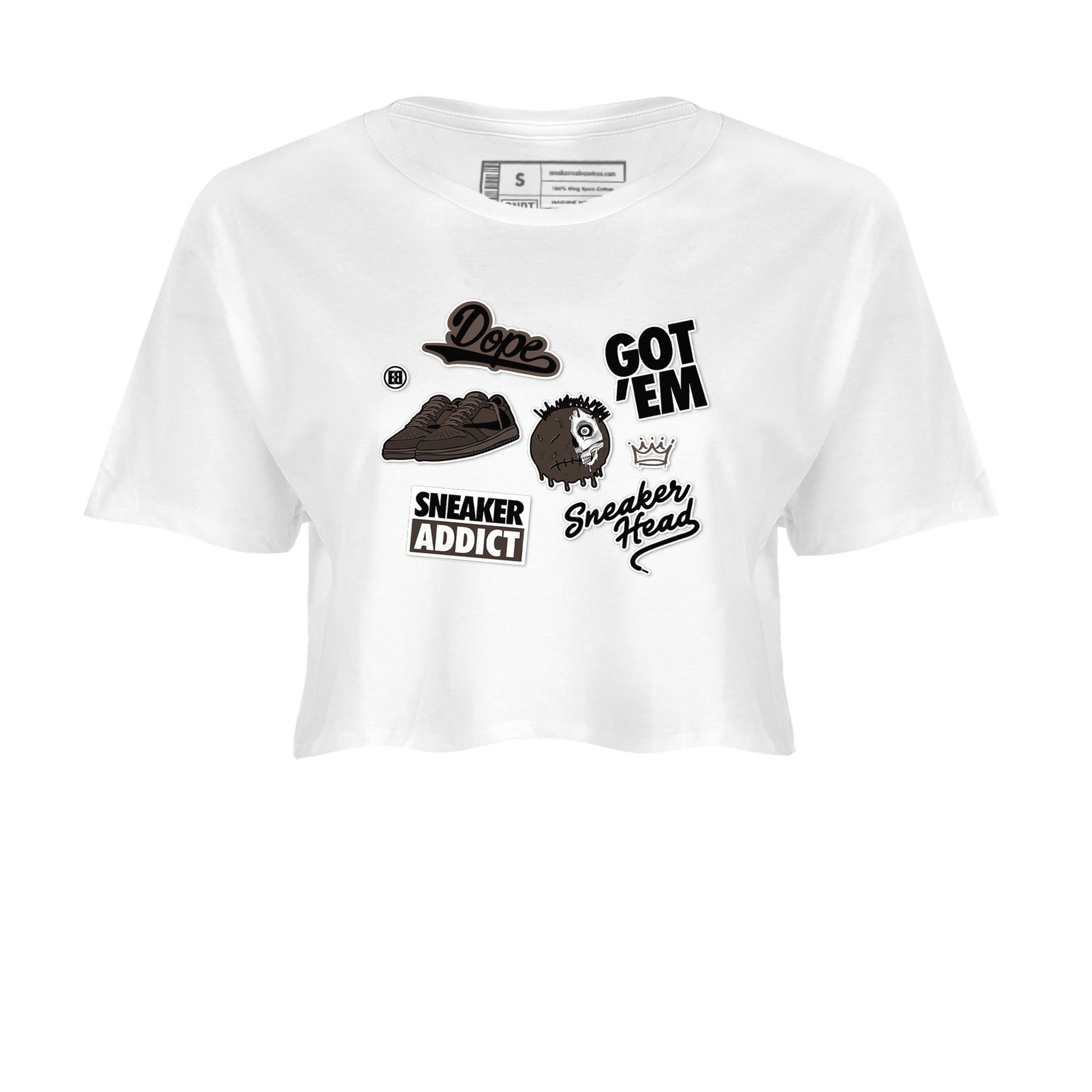 1s Travis Scott Velvet Brown shirts to match jordans Sneakerhead Sticker best t shirts to wear with jordans Travis Scott x Air Jordan 1 Low OG Velvet Brown match shoes to clothes SNRT Sneaker Tees unisex cotton White 2 crop tee