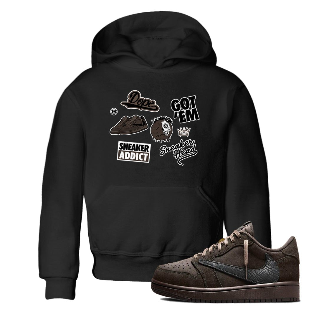 1s Travis Scott Velvet Brown shirts to match jordans Sneakerhead Sticker best t shirts to wear with jordans Travis Scott x Air Jordan 1 Low OG Velvet Brown match shoes to clothes SNRT Sneaker Tees Youth Baby Black 1 tee