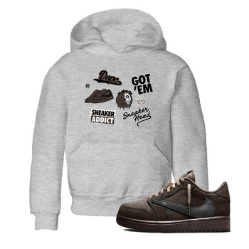 1s Travis Scott Velvet Brown shirts to match jordans Sneakerhead Sticker best t shirts to wear with jordans Travis Scott x Air Jordan 1 Low OG Velvet Brown match shoes to clothes SNRT Sneaker Tees Youth Baby Heather Grey 1 tee