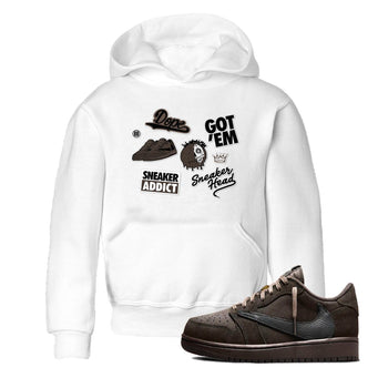 1s Travis Scott Velvet Brown shirts to match jordans Sneakerhead Sticker best t shirts to wear with jordans Travis Scott x Air Jordan 1 Low OG Velvet Brown match shoes to clothes SNRT Sneaker Tees Youth Baby White 1 tee