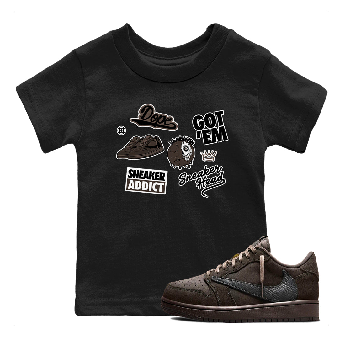 1s Travis Scott Velvet Brown shirts to match jordans Sneakerhead Sticker best t shirts to wear with jordans Travis Scott x Air Jordan 1 Low OG Velvet Brown match shoes to clothes SNRT Sneaker Tees Youth Baby Black 1 tee