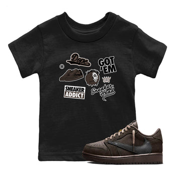 1s Travis Scott Velvet Brown shirts to match jordans Sneakerhead Sticker best t shirts to wear with jordans Travis Scott x Air Jordan 1 Low OG Velvet Brown match shoes to clothes SNRT Sneaker Tees Youth Baby Black 1 tee
