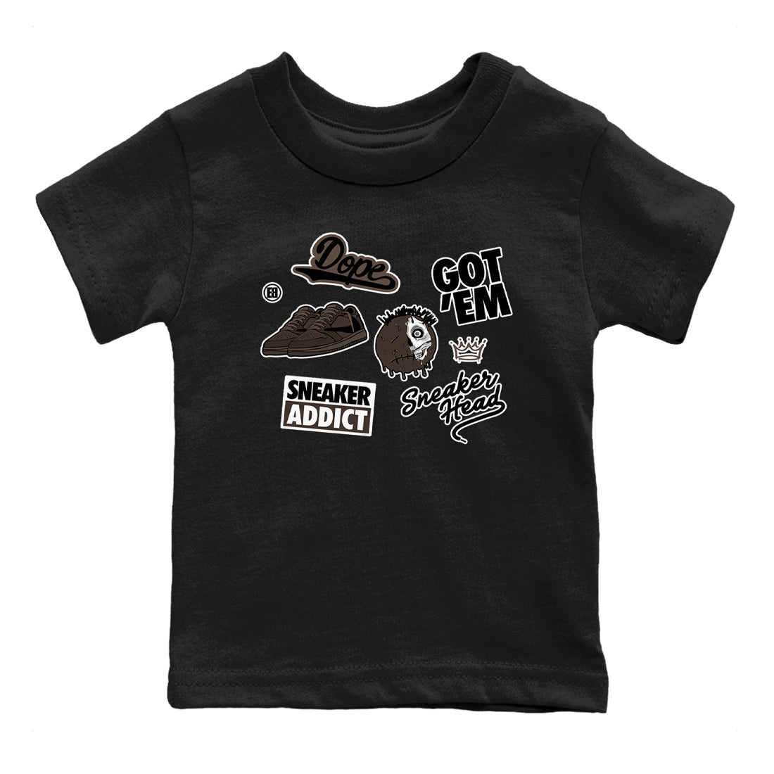 1s Travis Scott Velvet Brown shirts to match jordans Sneakerhead Sticker best t shirts to wear with jordans Travis Scott x Air Jordan 1 Low OG Velvet Brown match shoes to clothes SNRT Sneaker Tees Youth Baby Black 2 tee