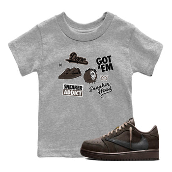 1s Travis Scott Velvet Brown shirts to match jordans Sneakerhead Sticker best t shirts to wear with jordans Travis Scott x Air Jordan 1 Low OG Velvet Brown match shoes to clothes SNRT Sneaker Tees Youth Baby Heather Grey 1 tee
