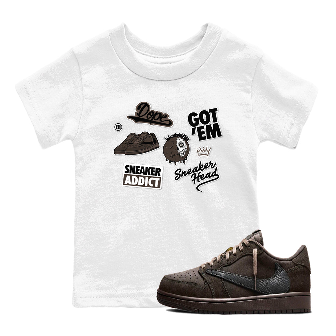1s Travis Scott Velvet Brown shirts to match jordans Sneakerhead Sticker best t shirts to wear with jordans Travis Scott x Air Jordan 1 Low OG Velvet Brown match shoes to clothes SNRT Sneaker Tees Youth Baby White 1 tee