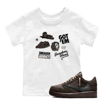 1s Travis Scott Velvet Brown shirts to match jordans Sneakerhead Sticker best t shirts to wear with jordans Travis Scott x Air Jordan 1 Low OG Velvet Brown match shoes to clothes SNRT Sneaker Tees Youth Baby White 1 tee