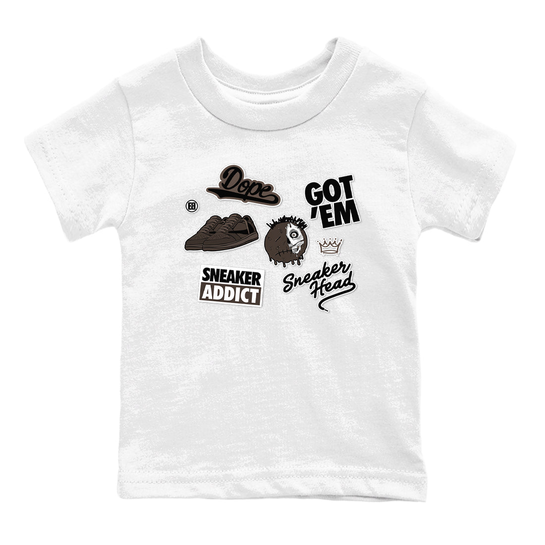 1s Travis Scott Velvet Brown shirts to match jordans Sneakerhead Sticker best t shirts to wear with jordans Travis Scott x Air Jordan 1 Low OG Velvet Brown match shoes to clothes SNRT Sneaker Tees Youth Baby White 2 tee