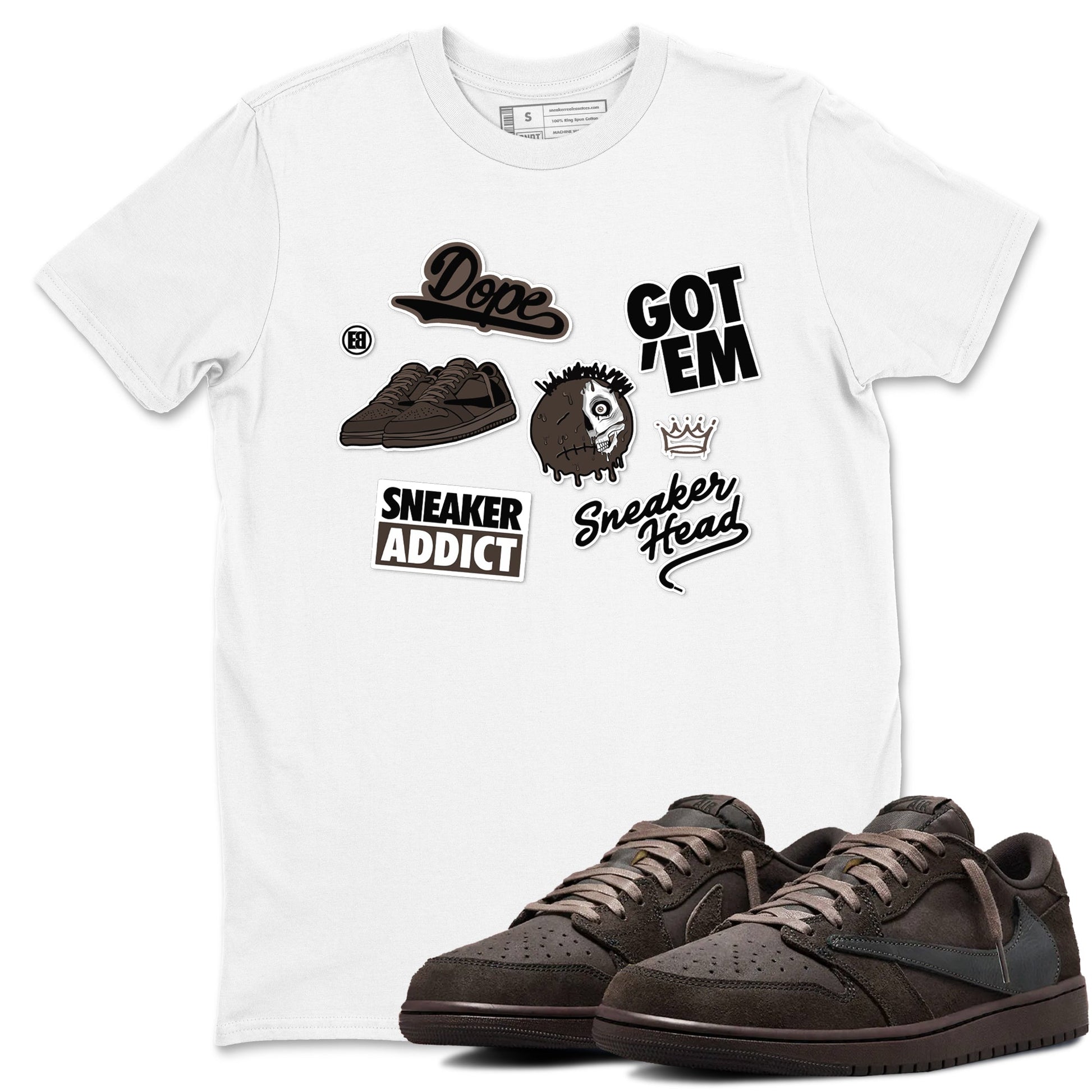 1s Travis Scott Velvet Brown shirts to match jordans Sneakerhead Sticker best t shirts to wear with jordans Travis Scott x Air Jordan 1 Low OG Velvet Brown match shoes to clothes SNRT Sneaker Tees unisex cotton White 1 shirts