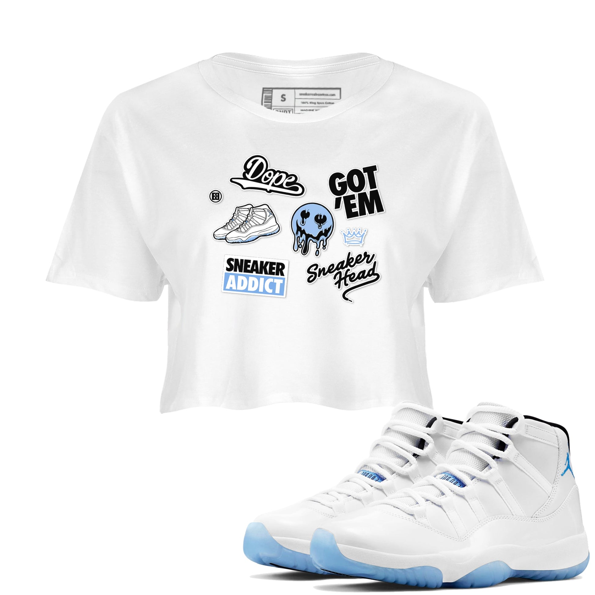 11s Legend Blue shirts to match jordans Sneakerhead Sticker sneaker match tees Air Jordan 11 Legend Blue match shoes to clothes SNRT Sneaker Tees unisex cotton White 1 crop tee
