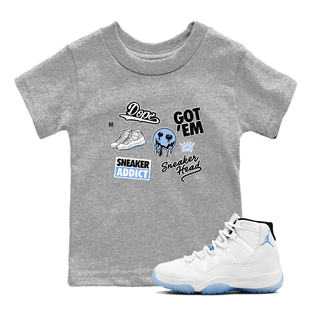 11s Legend Blue shirts to match jordans Sneakerhead Sticker sneaker match tees Air Jordan 11 Legend Blue match shoes to clothes SNRT Sneaker Tees Youth Baby Heather Grey 1 tee