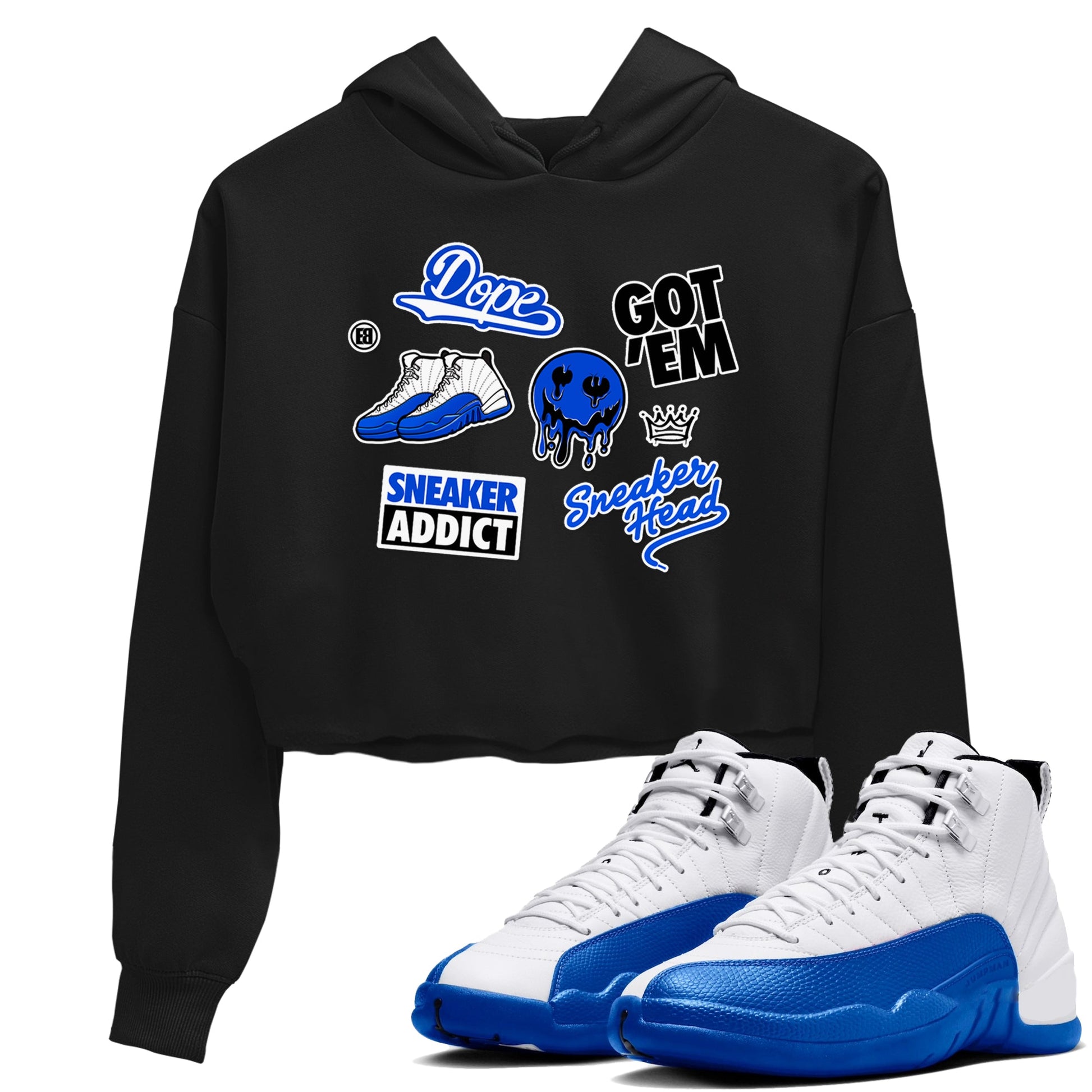 12s Blueberry shirts to match jordans Sneakerhead Sticker sneaker match tees Air Jordan 12 White Game Royal match shoes to clothes SNRT Sneaker Tees unisex cotton Black 1 crop tee