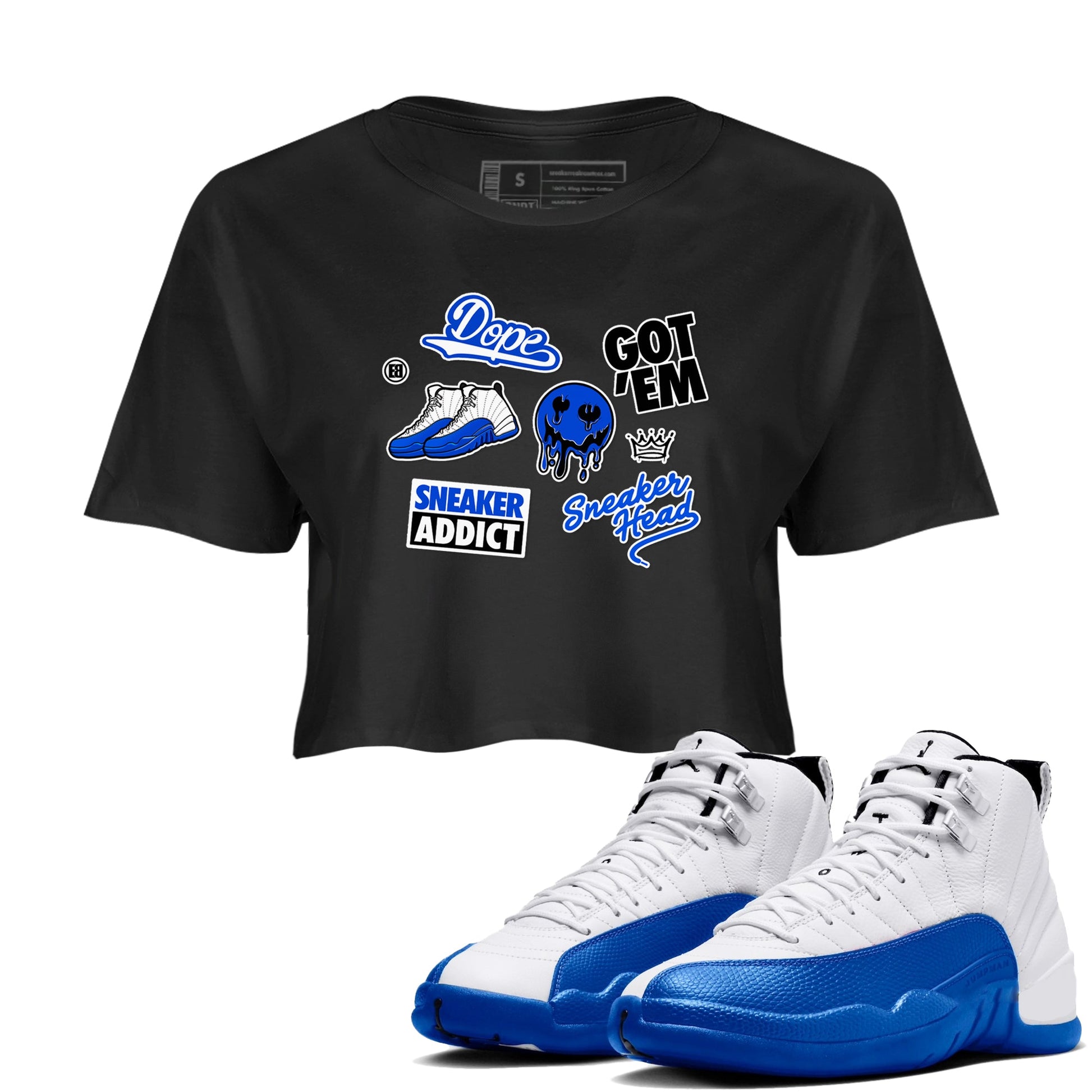 12s Blueberry shirts to match jordans Sneakerhead Sticker sneaker match tees Air Jordan 12 White Game Royal match shoes to clothes SNRT Sneaker Tees unisex cotton Black 1 crop tee