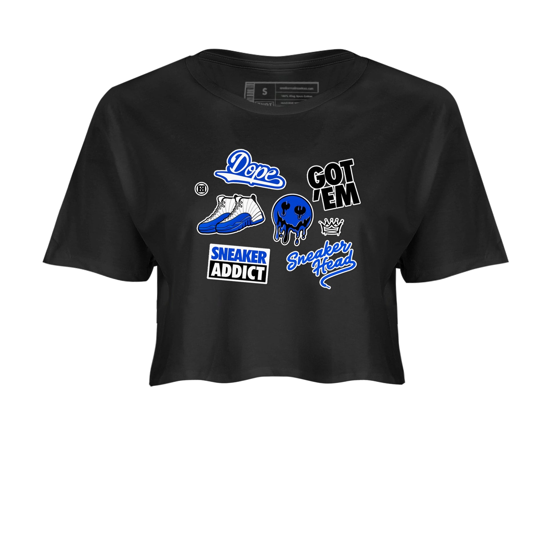 12s Blueberry shirts to match jordans Sneakerhead Sticker sneaker match tees Air Jordan 12 White Game Royal match shoes to clothes SNRT Sneaker Tees unisex cotton Black 2 crop tee