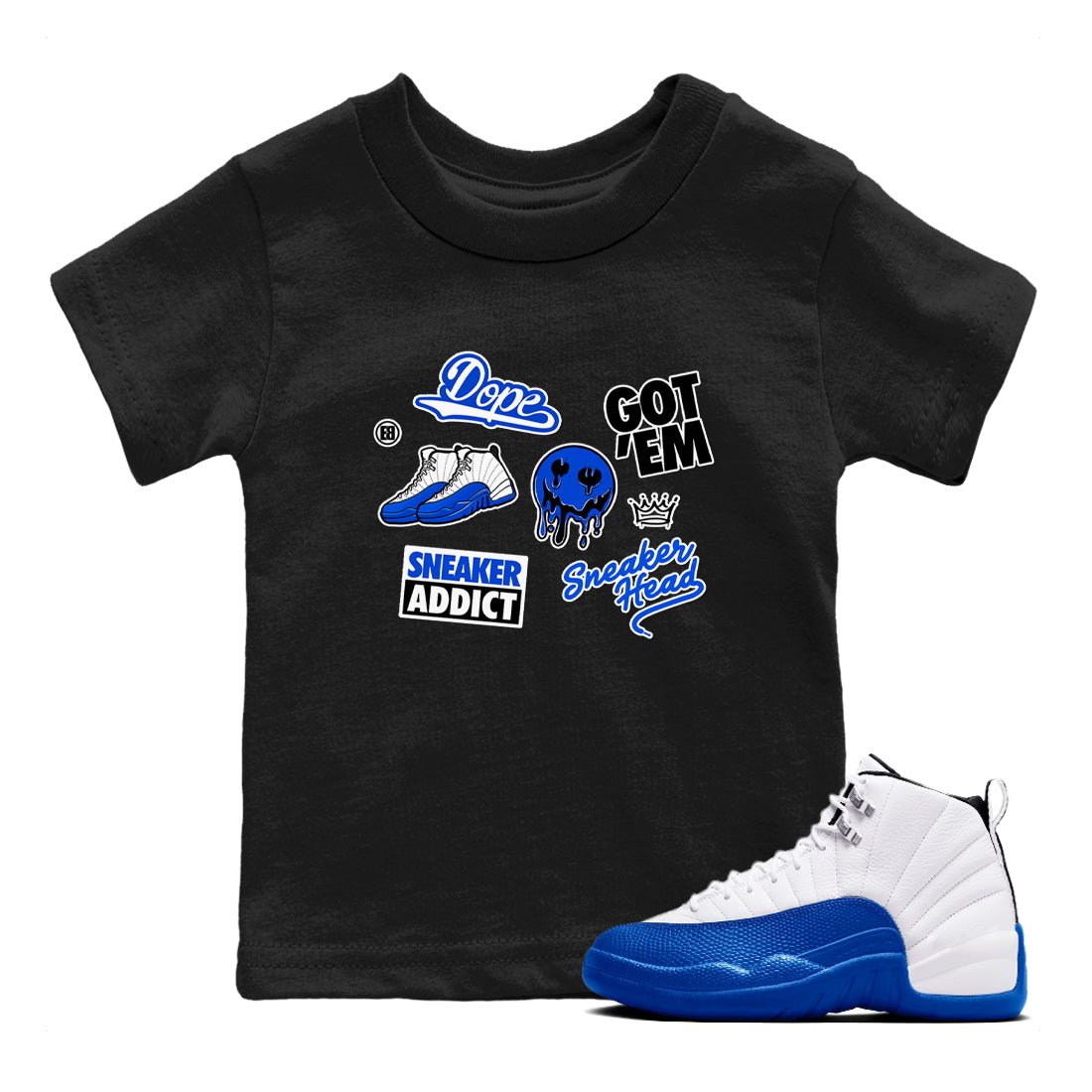 12s Blueberry shirts to match jordans Sneakerhead Sticker sneaker match tees Air Jordan 12 White Game Royal match shoes to clothes SNRT Sneaker Tees Youth Baby Black 1 tee