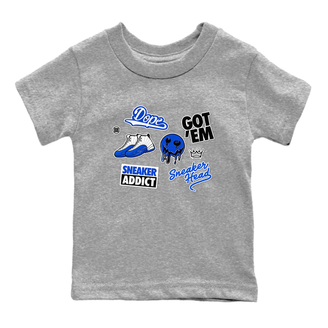 12s Blueberry shirts to match jordans Sneakerhead Sticker sneaker match tees Air Jordan 12 White Game Royal match shoes to clothes SNRT Sneaker Tees Youth Baby Heather Grey 2 tee