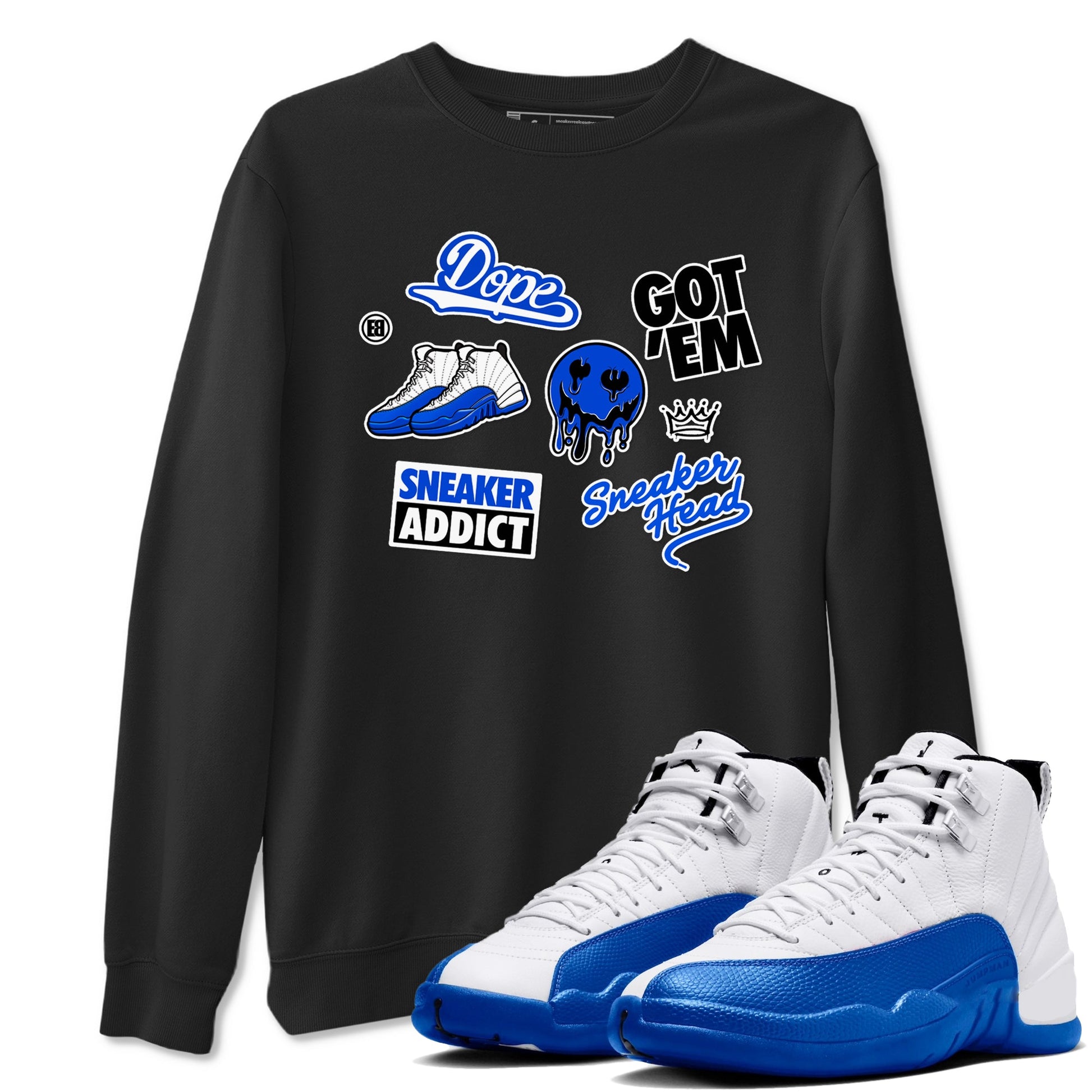 12s Blueberry shirts to match jordans Sneakerhead Sticker sneaker match tees Air Jordan 12 White Game Royal match shoes to clothes SNRT Sneaker Tees unisex cotton Black 1 shirts