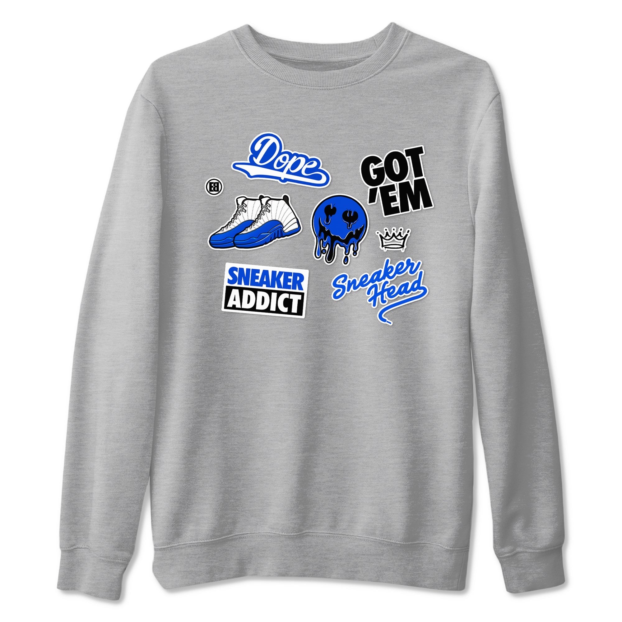 12s Blueberry shirts to match jordans Sneakerhead Sticker sneaker match tees Air Jordan 12 White Game Royal match shoes to clothes SNRT Sneaker Tees unisex cotton Heather Grey 2 shirts