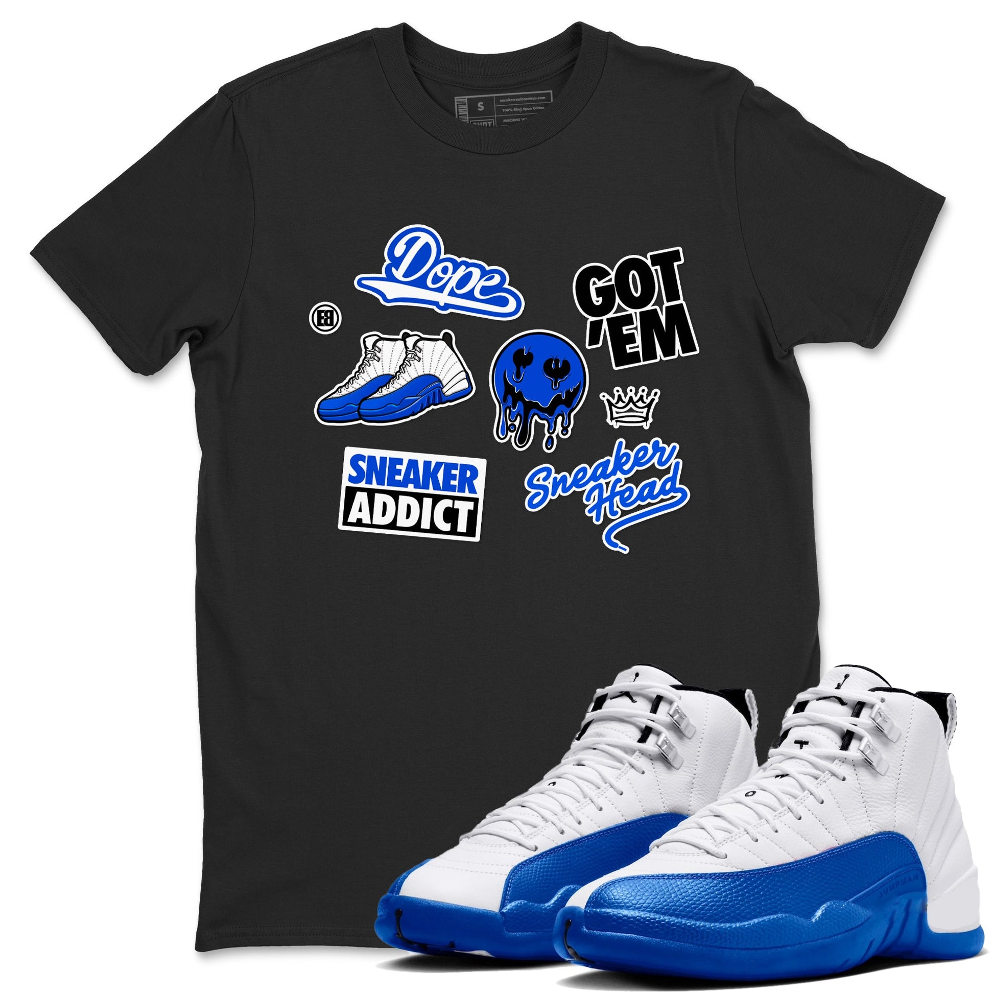 12s Blueberry shirts to match jordans Sneakerhead Sticker sneaker match tees Air Jordan 12 White Game Royal match shoes to clothes SNRT Sneaker Tees unisex cotton Black 1 shirts