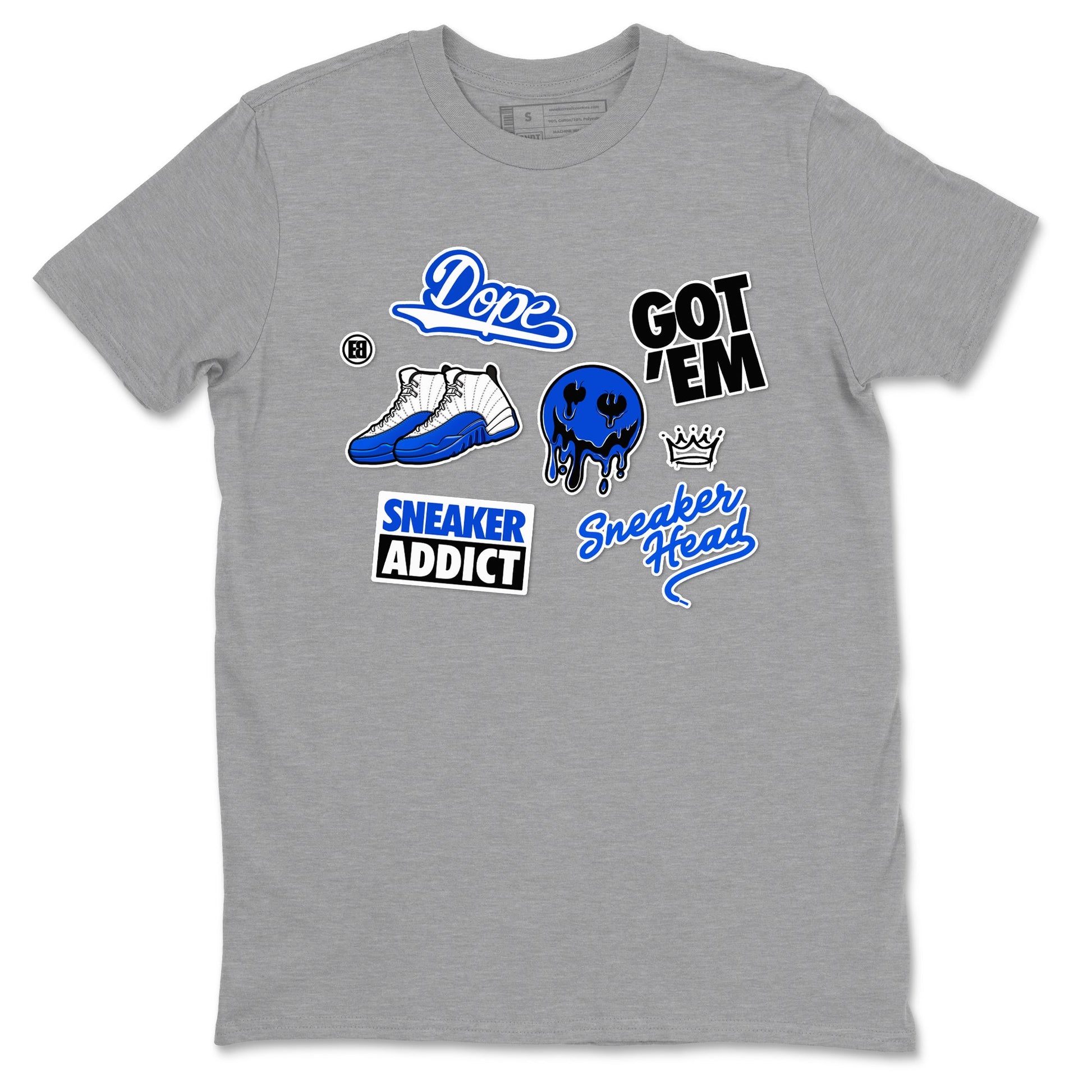 12s Blueberry shirts to match jordans Sneakerhead Sticker sneaker match tees Air Jordan 12 White Game Royal match shoes to clothes SNRT Sneaker Tees unisex cotton Heather Grey 2 shirts