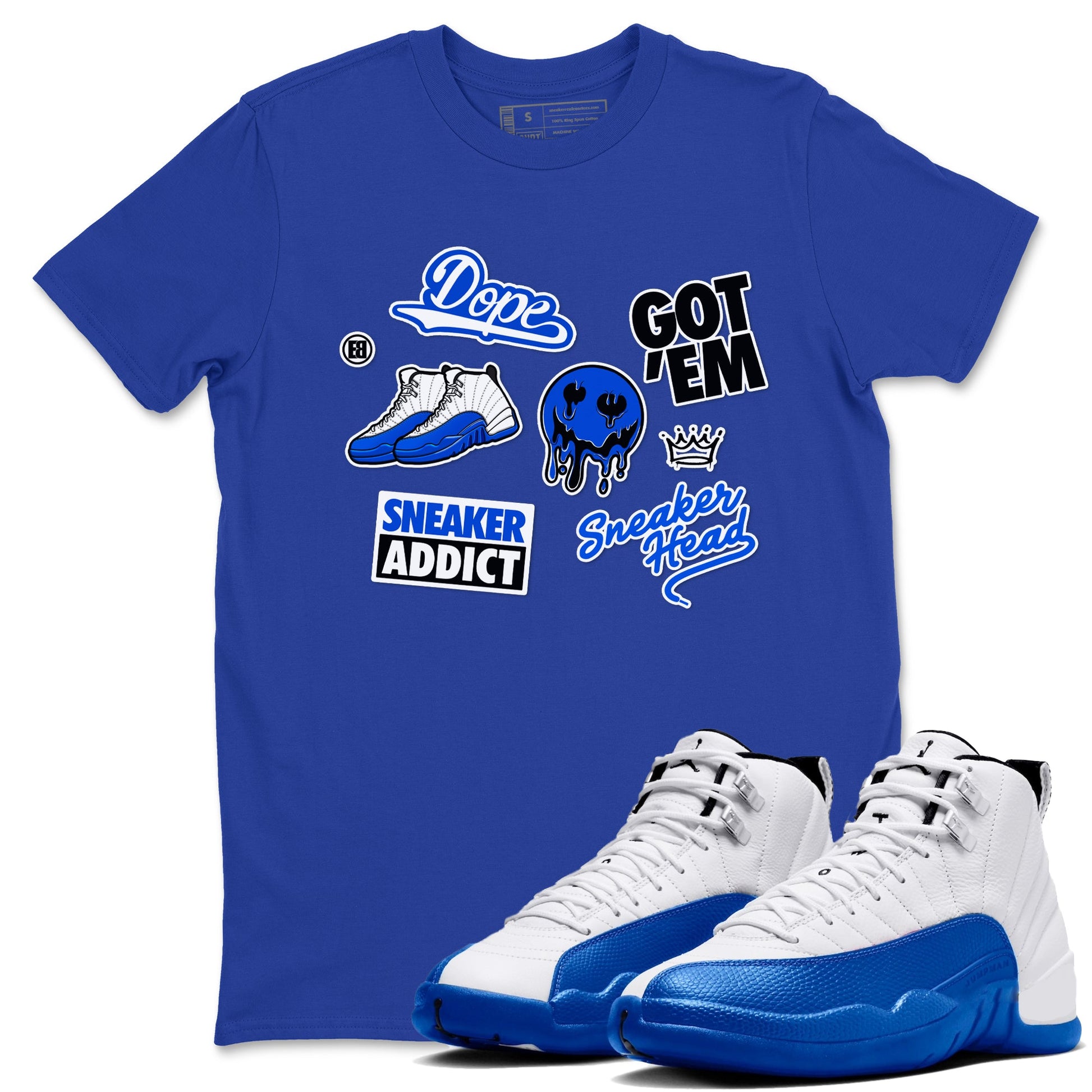 12s Blueberry shirts to match jordans Sneakerhead Sticker sneaker match tees Air Jordan 12 White Game Royal match shoes to clothes SNRT Sneaker Tees unisex cotton Royal Blue 1 shirts