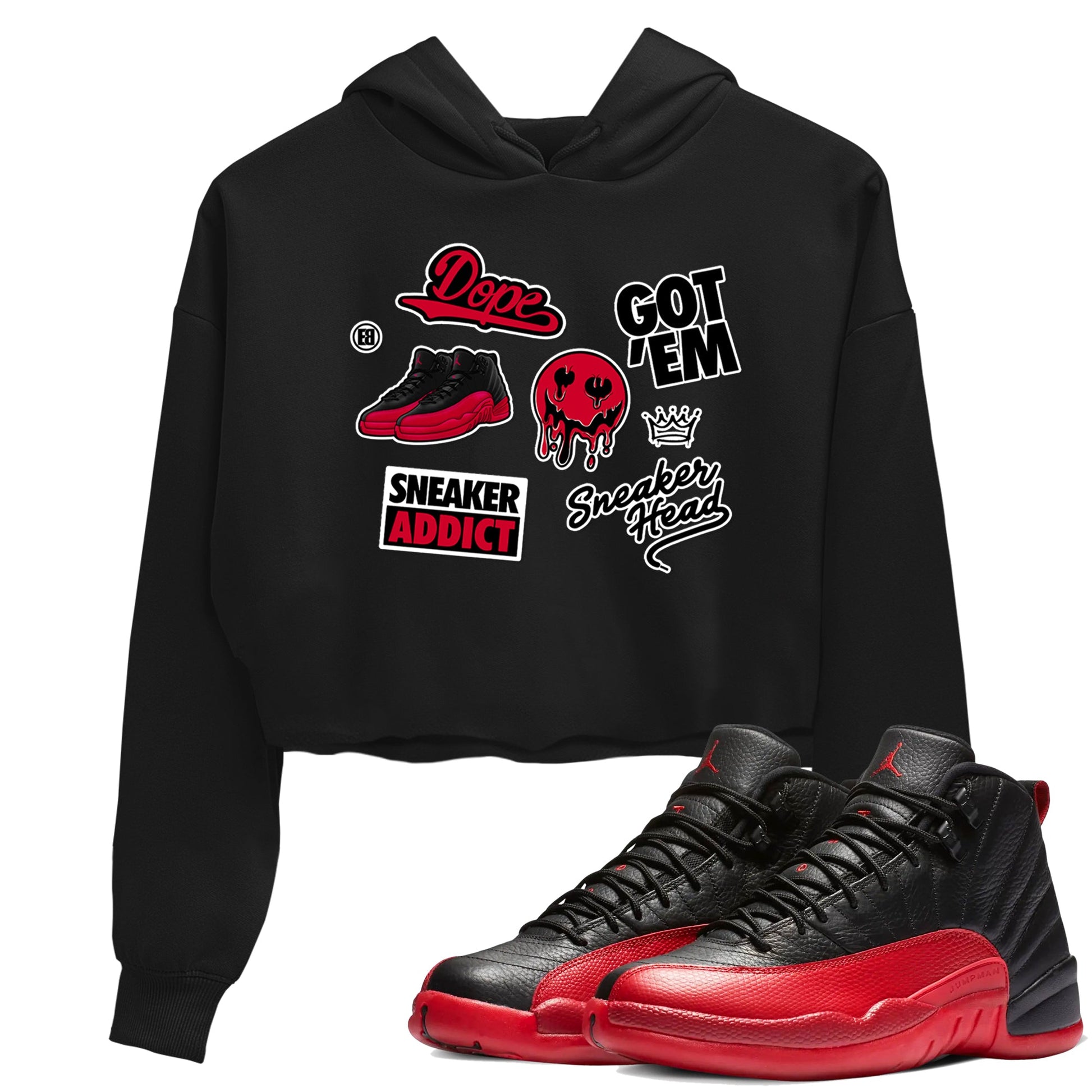 12s Flu Game shirts to match jordans Sneakerhead Sticker sneaker match tees Air Jordan 12 Retro Flu Game match shoes to clothes SNRT Sneaker Tees unisex cotton Black 1 crop tee