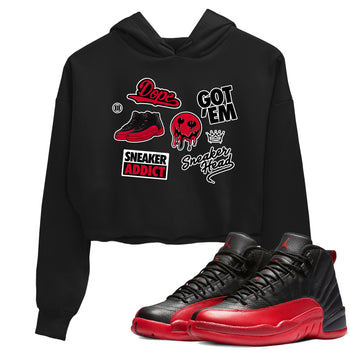 12s Flu Game shirts to match jordans Sneakerhead Sticker sneaker match tees Air Jordan 12 Retro Flu Game match shoes to clothes SNRT Sneaker Tees unisex cotton Black 1 crop tee