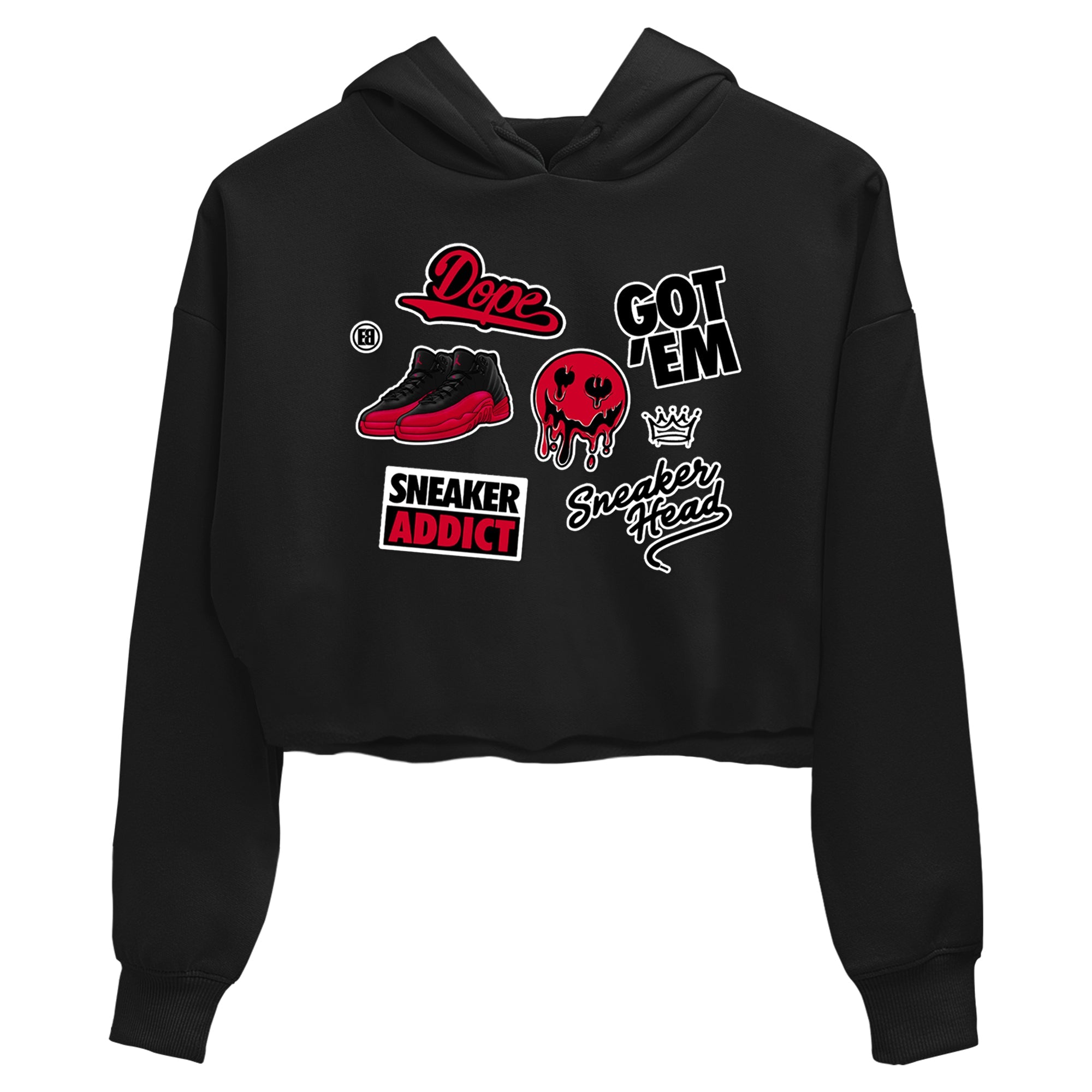 12s Flu Game shirts to match jordans Sneakerhead Sticker sneaker match tees Air Jordan 12 Retro Flu Game match shoes to clothes SNRT Sneaker Tees unisex cotton Black 2 crop tee