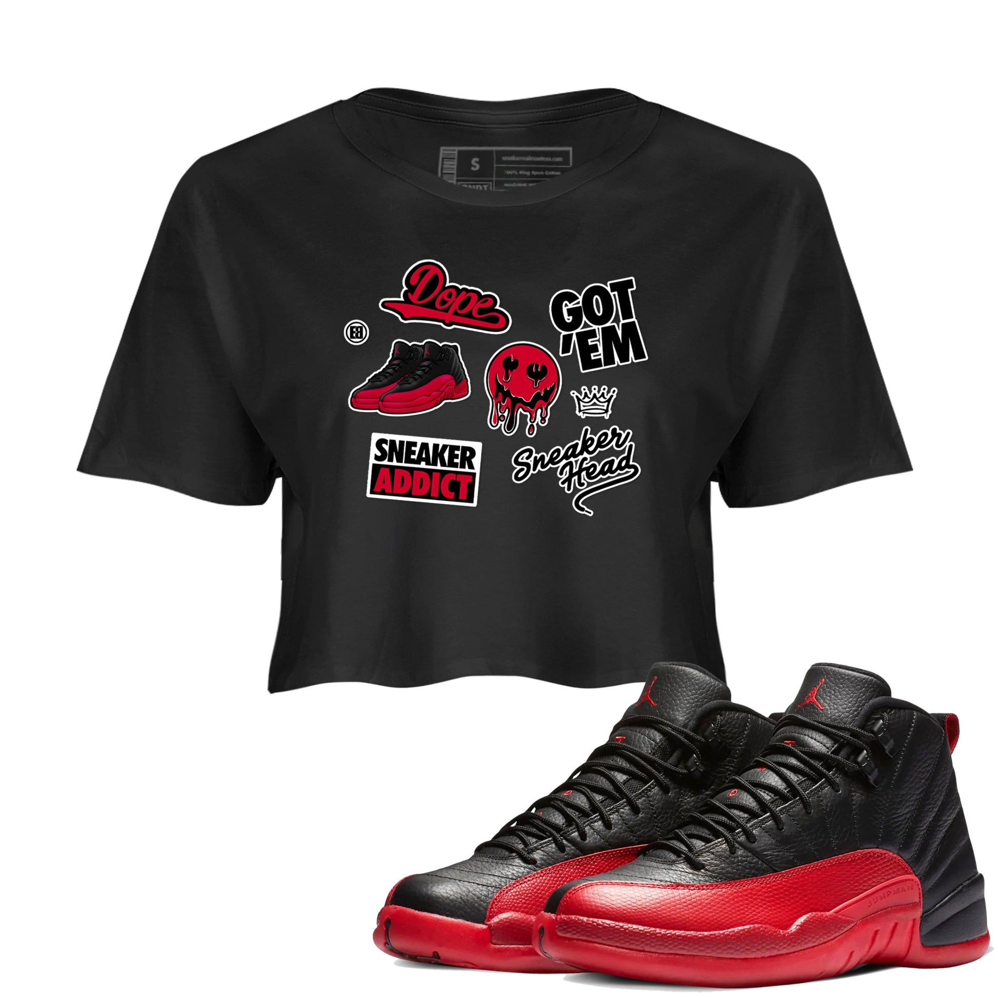 12s Flu Game shirts to match jordans Sneakerhead Sticker sneaker match tees Air Jordan 12 Retro Flu Game match shoes to clothes SNRT Sneaker Tees unisex cotton Black 1 crop tee
