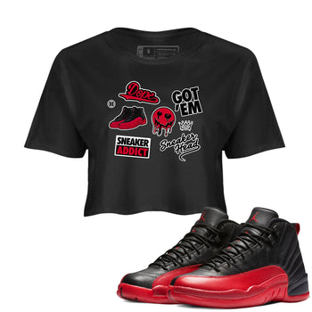 12s Flu Game shirts to match jordans Sneakerhead Sticker sneaker match tees Air Jordan 12 Retro Flu Game match shoes to clothes SNRT Sneaker Tees unisex cotton Black 1 crop tee