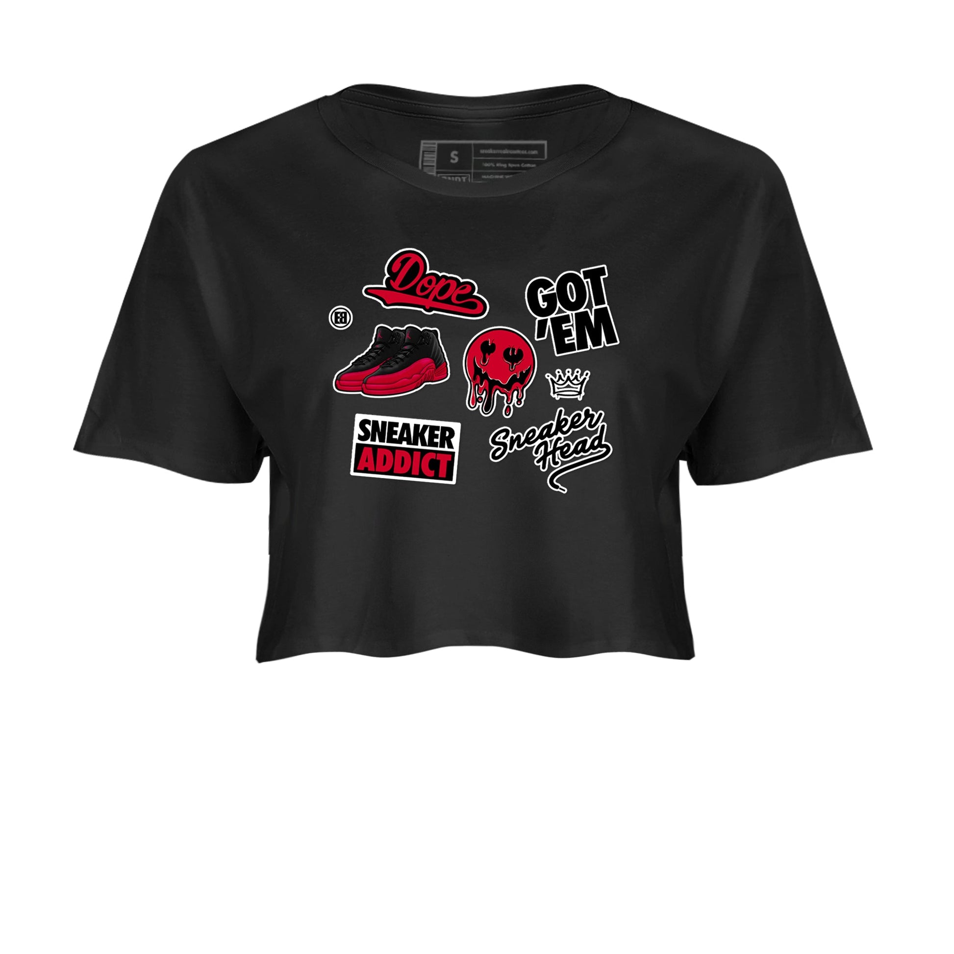12s Flu Game shirts to match jordans Sneakerhead Sticker sneaker match tees Air Jordan 12 Retro Flu Game match shoes to clothes SNRT Sneaker Tees unisex cotton Black 2 crop tee
