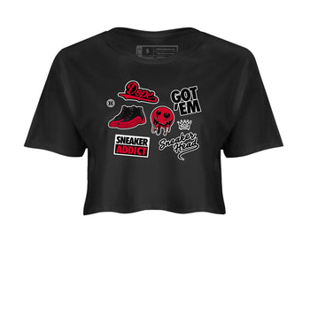 12s Flu Game shirts to match jordans Sneakerhead Sticker sneaker match tees Air Jordan 12 Retro Flu Game match shoes to clothes SNRT Sneaker Tees unisex cotton Black 2 crop tee