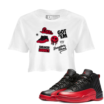 12s Flu Game shirts to match jordans Sneakerhead Sticker sneaker match tees Air Jordan 12 Retro Flu Game match shoes to clothes SNRT Sneaker Tees unisex cotton White 1 crop tee