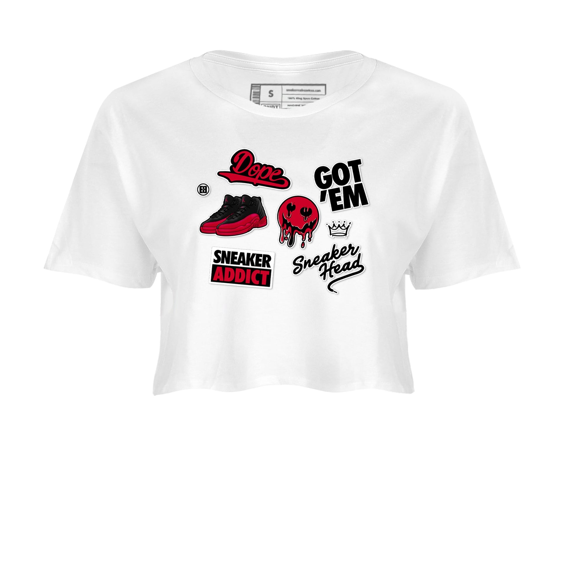 12s Flu Game shirts to match jordans Sneakerhead Sticker sneaker match tees Air Jordan 12 Retro Flu Game match shoes to clothes SNRT Sneaker Tees unisex cotton White 2 crop tee