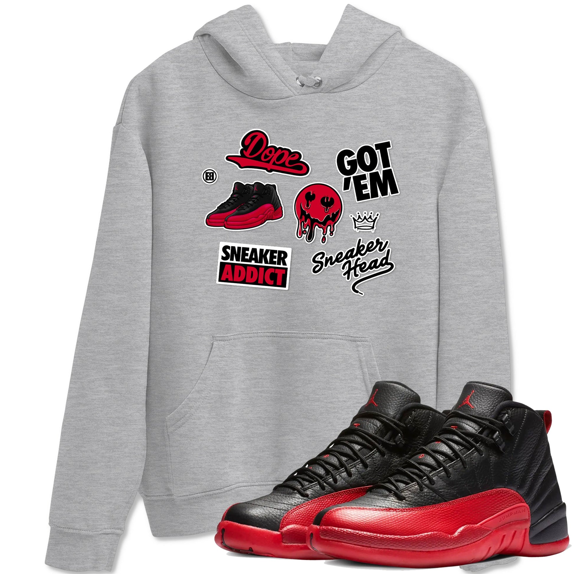 12s Flu Game shirts to match jordans Sneakerhead Sticker sneaker match tees Air Jordan 12 Retro Flu Game match shoes to clothes SNRT Sneaker Tees unisex cotton Heather Grey 1 shirts