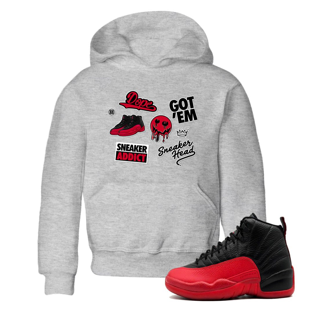 12s Flu Game shirts to match jordans Sneakerhead Sticker sneaker match tees Air Jordan 12 Retro Flu Game match shoes to clothes SNRT Sneaker Tees Youth Baby Heather Grey 1 tee