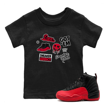 12s Flu Game shirts to match jordans Sneakerhead Sticker sneaker match tees Air Jordan 12 Retro Flu Game match shoes to clothes SNRT Sneaker Tees Youth Baby Black 1 tee