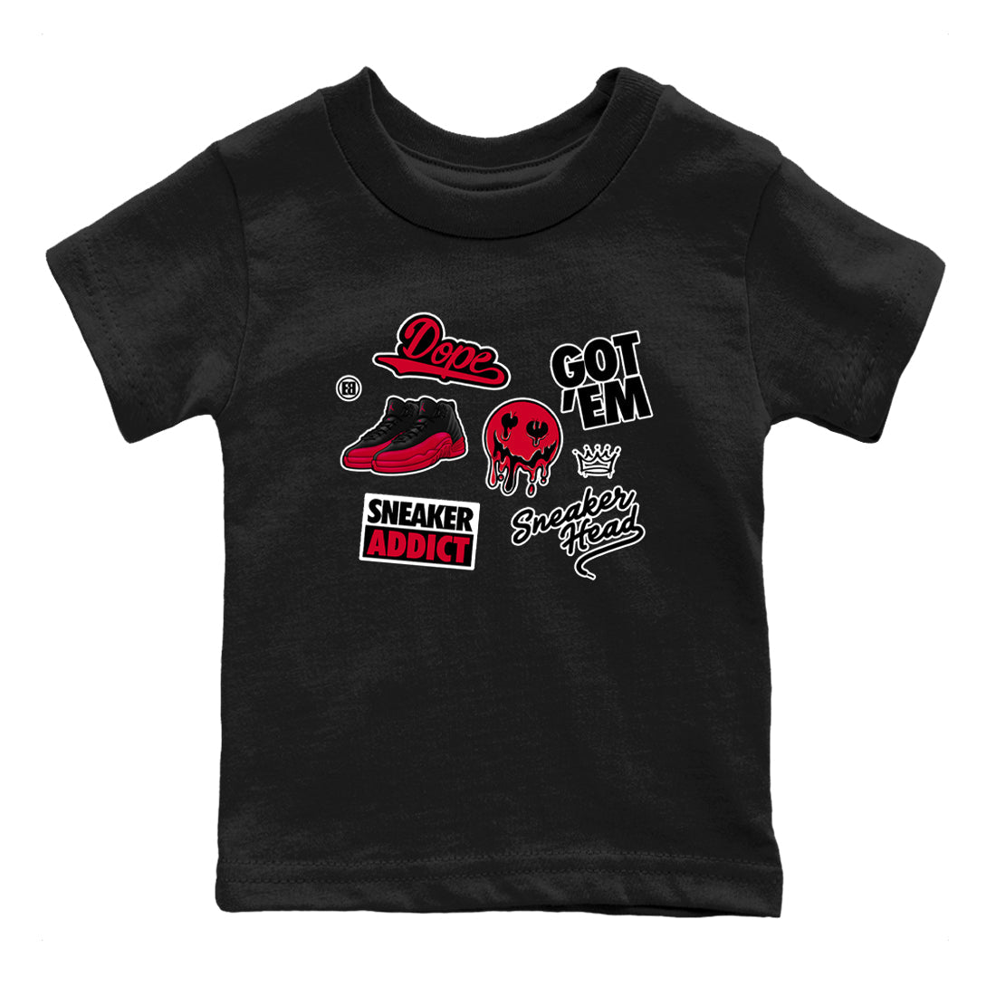 12s Flu Game shirts to match jordans Sneakerhead Sticker sneaker match tees Air Jordan 12 Retro Flu Game match shoes to clothes SNRT Sneaker Tees Youth Baby Black 2 tee