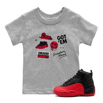12s Flu Game shirts to match jordans Sneakerhead Sticker sneaker match tees Air Jordan 12 Retro Flu Game match shoes to clothes SNRT Sneaker Tees Youth Baby Heather Grey 1 tee
